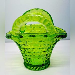 Vintage Green Glass Basket Intricate Basket Weave With Two Handles Mid-century